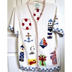 Quacker Factory  L Short Sleeve Multicolor Button Up Cardi Coastal Grandma FLAW!